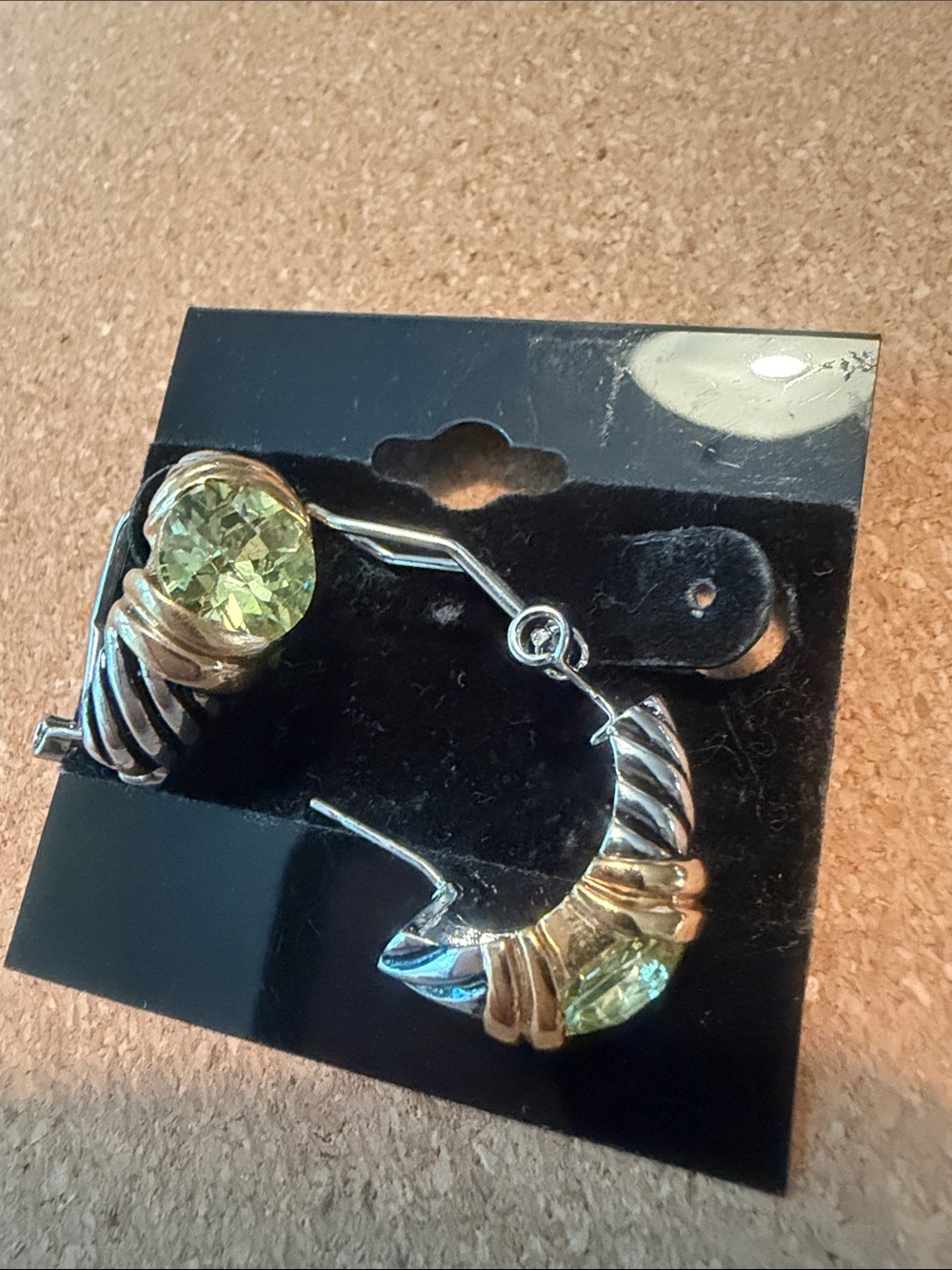 Gold-Tone Hoop Earrings with Light Green Crystal Accent